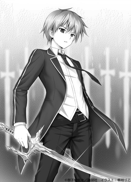 Anime picture 721x1000 with hyouken no majutsushi ga sekai wo suberu ray white korie riko single tall image fringe short hair open mouth hair between eyes standing holding looking away long sleeves open clothes official art monochrome novel illustration boy weapon shirt