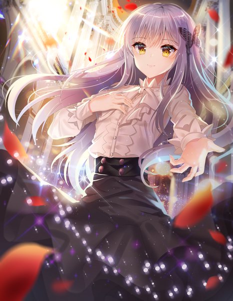 Anime picture 3500x4500 with bang dream! minato yukina ecu8080 single long hair tall image looking at viewer blush fringe highres hair between eyes standing yellow eyes absurdres purple hair indoors light smile sparkle floating hair lens flare