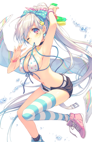 Anime picture 585x900 with original reia single tall image looking at viewer blush fringe breasts light erotic simple background large breasts white background bare shoulders holding bent knee (knees) white hair ponytail very long hair one eye closed pink eyes