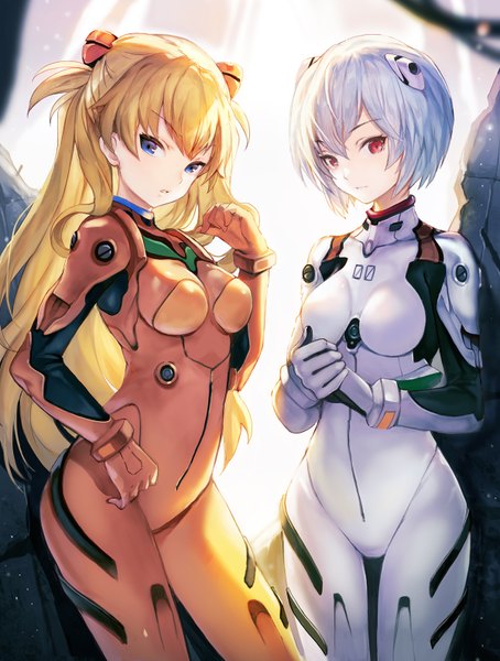 Anime picture 1200x1585 with neon genesis evangelion gainax soryu asuka langley ayanami rei sibyl long hair tall image looking at viewer fringe short hair breasts blue eyes hair between eyes red eyes standing multiple girls silver hair parted lips orange hair two side up