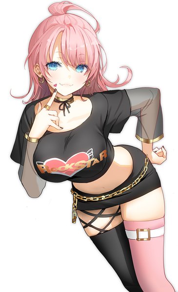Anime picture 711x1169 with original lloule single long hair tall image looking at viewer fringe breasts blue eyes simple background smile hair between eyes large breasts standing white background pink hair head tilt pink eyes midriff fang (fangs)