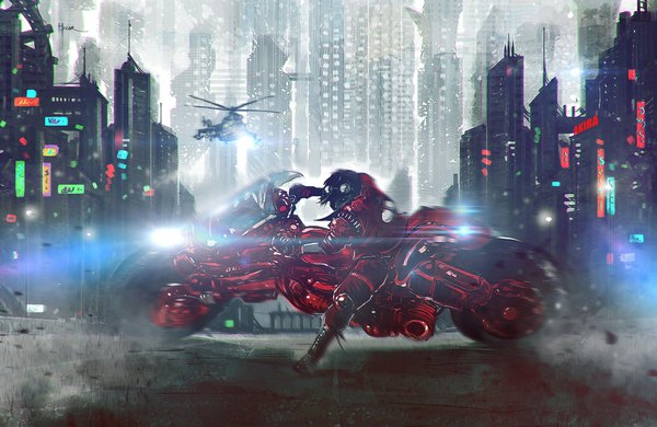 Anime picture 2048x1333 with akira kaneda shoutarou omer tunc single looking at viewer highres short hair black hair open jacket city cityscape anaglyph goggles on head boy jacket building (buildings) knee boots ground vehicle goggles aircraft