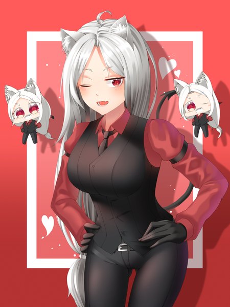 Anime picture 3600x4800 with helltaker cerberus (helltaker) skarif long hair tall image looking at viewer blush fringe highres breasts open mouth red eyes large breasts standing multiple girls animal ears payot absurdres ahoge white hair