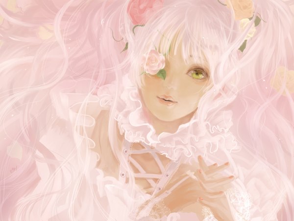 Anime picture 1024x768 with rozen maiden kirakishou 8981 long hair yellow eyes pink hair flower over eye dress flower (flowers) frills rose (roses) eyepatch