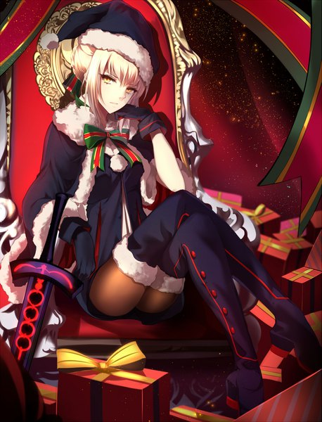 Anime picture 1653x2166 with fate (series) fate/grand order artoria pendragon (all) santa alter shiguru single tall image looking at viewer short hair light erotic blonde hair sitting yellow eyes fur trim crossed legs christmas girl dress gloves weapon