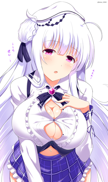 Anime picture 1004x1684 with azur lane cygnet (azur lane) kamishiro (rsg10679) single long hair tall image looking at viewer blush fringe breasts open mouth light erotic simple background hair between eyes large breasts white background signed white hair braid (braids) head tilt