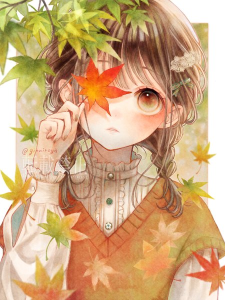 Anime picture 1050x1400 with original ginniroya single long hair tall image looking at viewer brown hair brown eyes signed upper body braid (braids) twitter username twin braids border outside border covering eye (eyes) girl hairclip leaf (leaves) vest