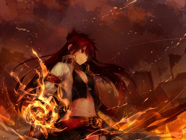 Anime picture 1800x1350 with elsword elesis (elsword) blazing heart (elsword) malmaron single long hair fringe highres smile red eyes looking away sky cleavage cloud (clouds) ponytail red hair bare belly magic girl navel
