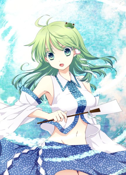 Anime picture 1000x1390 with touhou kochiya sanae kai aki (artist) single long hair tall image looking at viewer open mouth bare shoulders green eyes ahoge japanese clothes green hair girl navel hair ornament detached sleeves hair tubes snake frog