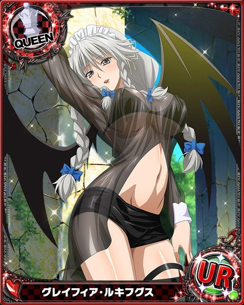 Anime picture 640x800 with highschool dxd grayfia lucifuge single long hair tall image looking at viewer breasts light erotic large breasts braid (braids) grey hair midriff grey eyes card (medium) girl navel bow hair bow wings shorts