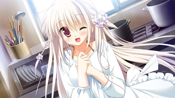 Anime picture 2560x1440 with 1/2 summer kaminogi ushio sesena yau long hair blush highres open mouth red eyes wide image game cg white hair one eye closed hair flower wink girl hair ornament