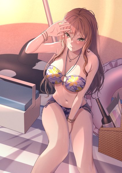 Anime picture 2480x3508 with bang dream! imai lisa ptal single long hair tall image looking at viewer blush highres breasts light erotic brown hair large breasts green eyes cleavage outdoors arm up beach official alternate costume evening