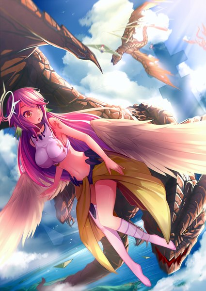 Anime picture 1136x1604 with no game no life madhouse jibril (no game no life) kira (artist) single long hair tall image open mouth brown eyes pink hair sky cloud (clouds) midriff fantasy low wings girl thighhighs wings single thighhigh dragon