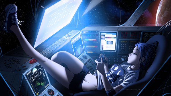 Anime picture 1280x720 with original vashperado single long hair wide image blue hair legs space girl navel shorts sneakers planet monitor computer playstation