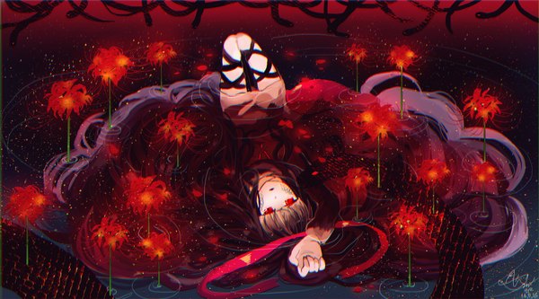 Anime picture 1800x1000 with kagerou project shaft (studio) azami (kagerou project) hzrn (ymj924) single long hair looking at viewer fringe highres black hair red eyes wide image bent knee (knees) lying on back upside down knees touching girl flower (flowers) ribbon (ribbons)