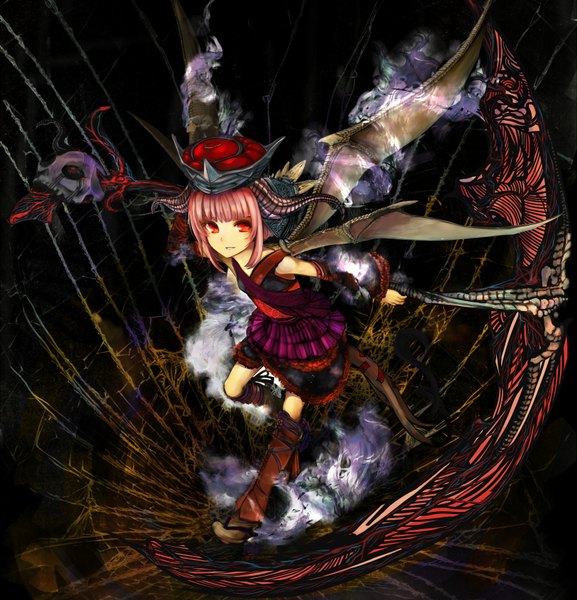Anime picture 1627x1690 with original virus (obsession) single tall image highres smile red eyes pink hair tail horn (horns) girl dress hat detached sleeves wings shoes skull scythe spider web