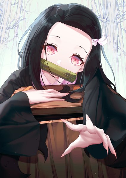 Anime picture 1245x1765 with kimetsu no yaiba ufotable kamado nezuko worl a single long hair tall image looking at viewer black hair simple background holding upper body traditional clothes head tilt japanese clothes pink eyes fingernails mouth hold outstretched hand sharp fingernails