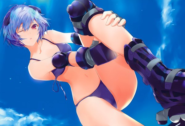 Anime picture 2100x1436 with neon genesis evangelion gainax q-ha (artbook) ayanami rei fuyuno haruaki single looking at viewer highres short hair open mouth light erotic red eyes bare shoulders blue hair sky cloud (clouds) bent knee (knees) one eye closed wink from below