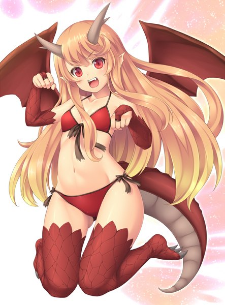 Anime picture 754x1021 with original sasaame single long hair tall image open mouth light erotic red eyes brown hair tail horn (horns) teeth midriff fang (fangs) dragon wings girl navel swimsuit bikini wings