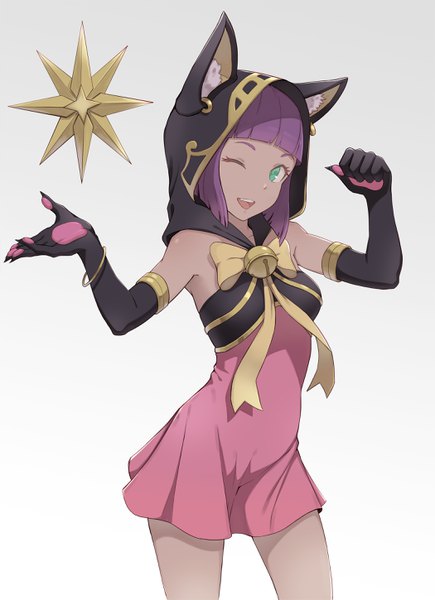 Anime picture 2100x2897 with street fighter capcom menat cheshirrr single tall image looking at viewer fringe highres short hair open mouth simple background smile standing green eyes purple hair blunt bangs head tilt one eye closed wink