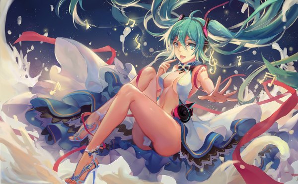 Anime picture 1200x742 with vocaloid hatsune miku atdan single looking at viewer breasts open mouth light erotic hair between eyes wide image twintails very long hair aqua eyes aqua hair bare legs pantyshot girl hair ornament underwear panties