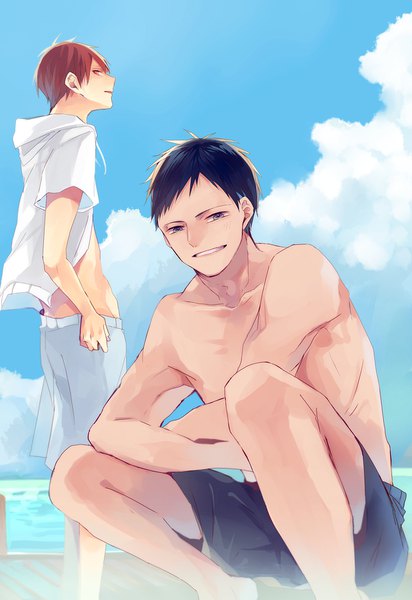 Anime picture 600x872 with kuroko no basket production i.g aomine daiki akashi seijuurou hanamori tall image looking at viewer short hair black hair smile red eyes sky cloud (clouds) red hair profile black eyes multiple boys beach topless squat