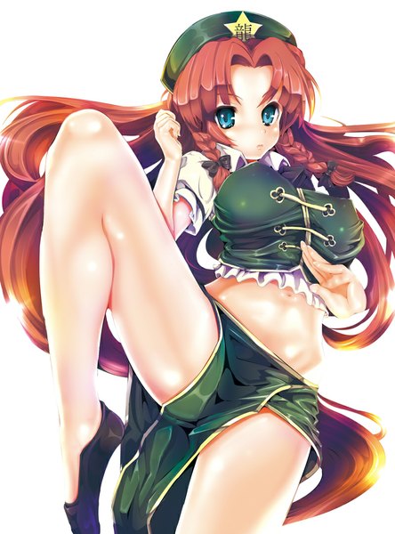 Anime picture 800x1080 with touhou hong meiling teruru single tall image looking at viewer breasts blue eyes light erotic simple background brown hair white background bare belly erect nipples legs covered nipples fighting stance girl skirt beret