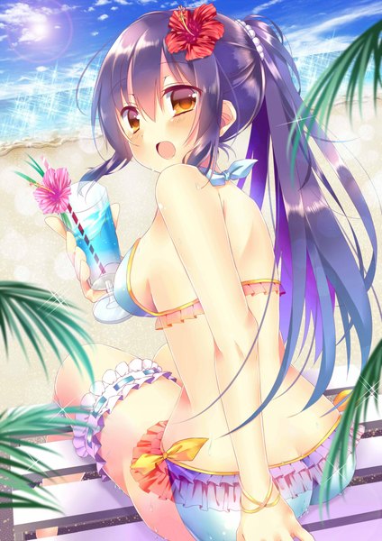 Anime picture 1446x2046 with original saijou haruki single long hair tall image blush open mouth light erotic purple hair ponytail hair flower orange eyes beach girl hair ornament flower (flowers) swimsuit bikini frills sea