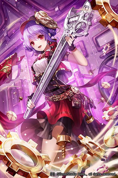 Anime picture 600x900 with kh (kh 1128) single tall image looking at viewer fringe short hair open mouth hair between eyes red eyes holding payot purple hair from below short sleeves hair bun (hair buns) girl gloves hat black gloves fingerless gloves