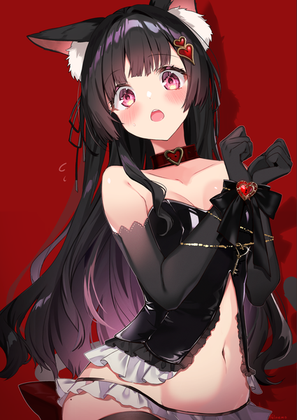 Anime-Bild 1500x2118 mit original felnemo3 single long hair tall image looking at viewer blush fringe breasts open mouth light erotic black hair simple background standing signed animal ears blunt bangs pink eyes mole gradient hair