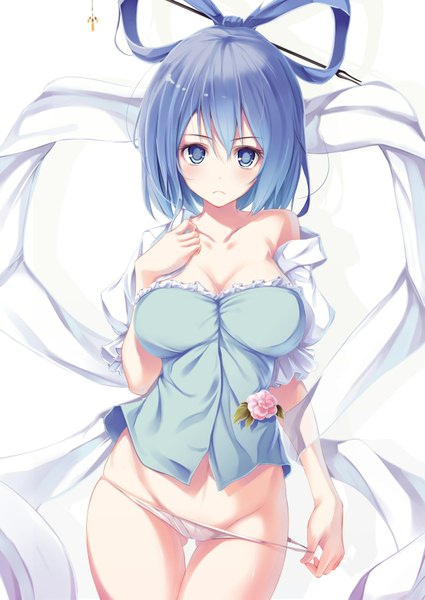 Anime picture 1175x1659 with touhou kaku seiga fal maro single tall image looking at viewer short hair blue eyes light erotic blue hair cleavage girl hair ornament underwear panties shawl