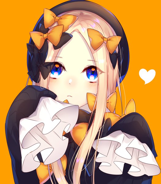 Anime picture 3500x4000 with fate (series) fate/grand order abigail williams (fate) motsuni (lxxe1120) single long hair tall image looking at viewer highres blue eyes simple background blonde hair absurdres upper body long sleeves orange background girl bow hair bow hat