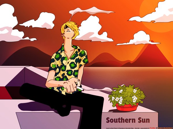 Anime picture 1600x1200 with one piece toei animation sanji single short hair blonde hair sitting holding sky cloud (clouds) bent knee (knees) mountain smoking boy shirt sea cigarette