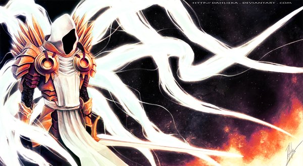 Anime picture 1350x742 with diablo (game) blizzard entertainment dahlieka single wide image signed magic boy weapon sword armor hood