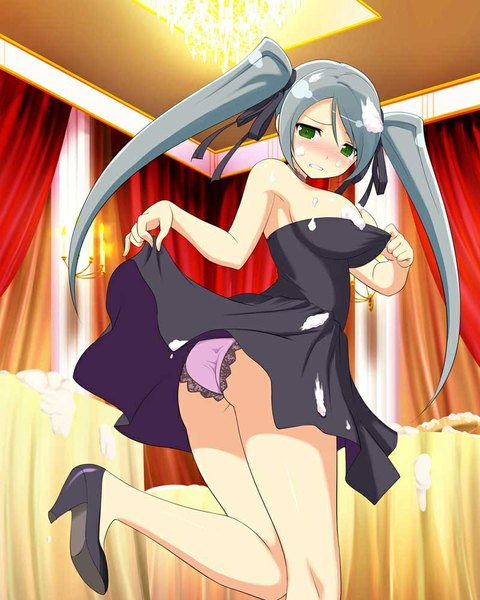 Anime picture 800x1000 with senran kagura tsubame (senran kagura) yaegashi nan single long hair tall image blush breasts light erotic large breasts twintails bare shoulders bent knee (knees) ass scan official art high heels pantyshot embarrassed skirt lift