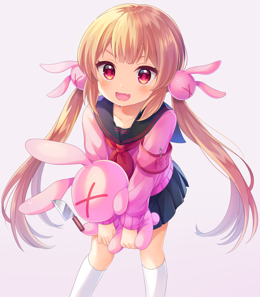 Anime picture 1050x1200 with virtual youtuber sana channel natori sana komachi pochi single long hair tall image looking at viewer blush fringe open mouth simple background blonde hair red eyes standing twintails holding payot :d pleated skirt