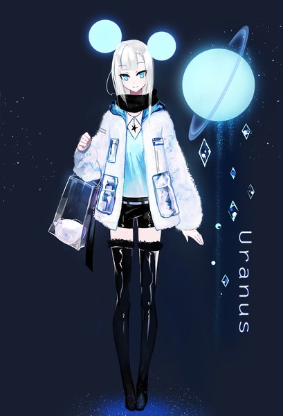 Anime picture 1500x2200 with original juexing (moemoe3345) single long hair tall image looking at viewer blush fringe blue eyes simple background standing holding silver hair full body long sleeves head tilt inscription open clothes fur trim sleeves past wrists