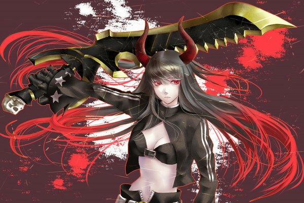Anime picture 1024x684 with black rock shooter black gold saw kurotani-tasuke (artist) single long hair fringe red eyes looking away cleavage red hair multicolored hair horn (horns) open clothes open jacket midriff demon girl sad demon girl gloves