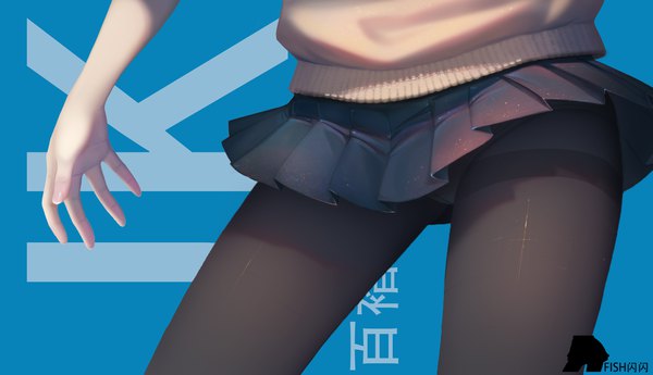 Anime picture 2083x1200 with original scorpionfish highres light erotic wide image inscription pantyshot hieroglyph blue background no face girl skirt underwear panties miniskirt pantyhose black pantyhose