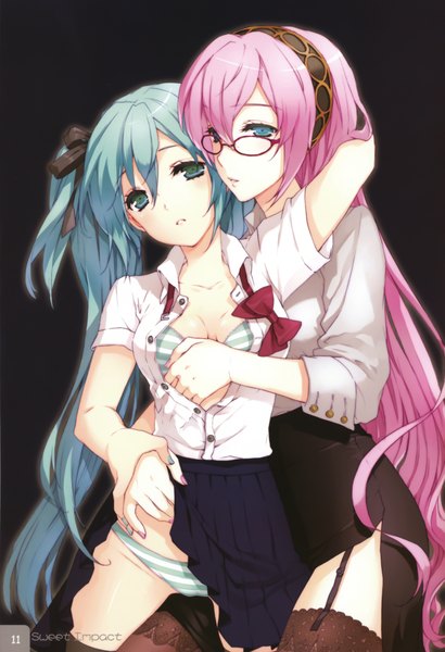 Anime picture 2767x4048 with vocaloid hatsune miku megurine luka cuteg long hair tall image highres light erotic simple background twintails multiple girls pink hair aqua hair open clothes open shirt undressing shoujo ai girl uniform underwear