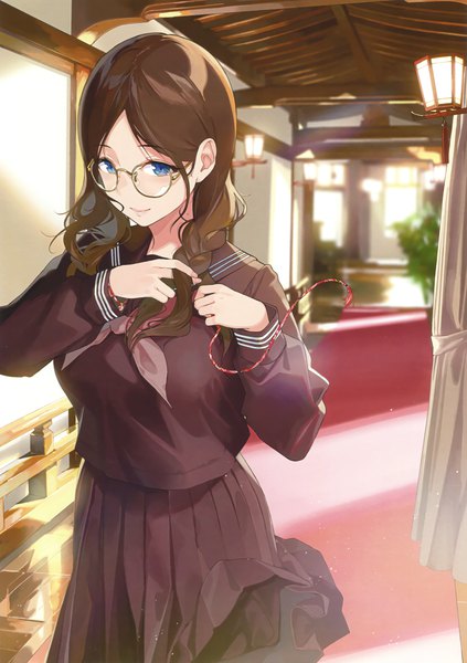 Anime picture 2115x3000 with original eshi 100-nin ten sasamori tomoe single long hair tall image looking at viewer highres blue eyes brown hair standing indoors braid (braids) pleated skirt blurry scan single braid adjusting hair hairdressing braiding hair