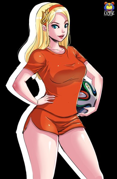 Anime picture 784x1200 with league of legends lux (league of legends) kyoffie12 single long hair tall image looking at viewer blue eyes light erotic simple background blonde hair legs hand on hip black background girl uniform gym uniform ball soccer ball