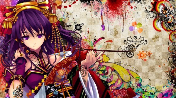 Anime picture 2560x1440 with beatmania hifumi misaki kurehito snyp (r0pyns) single long hair highres wide image purple eyes bare shoulders purple hair nail polish japanese clothes tattoo drill hair abstract girl hair ornament bow hair bow