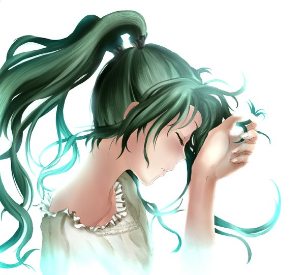Anime picture 1000x903 with vocaloid hatsune miku single long hair fringe simple background white background eyes closed profile fingernails green hair alternate costume girl frills