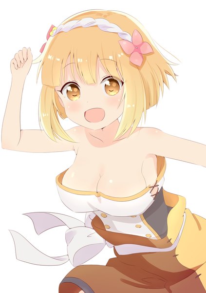 Anime picture 824x1168 with endro! fai fai yutsuki warabi single tall image looking at viewer blush short hair breasts open mouth light erotic blonde hair simple background white background bare shoulders yellow eyes cleavage :d arm up girl