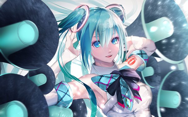 Anime picture 1920x1200 with vocaloid magical mirai (vocaloid) hatsune miku magical mirai miku magical mirai miku (2017) smile (qd4nsvik) single long hair looking at viewer highres blue eyes twintails aqua hair tattoo girl bow detached sleeves bowtie large bow megaphone