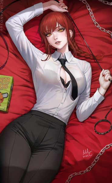 Anime-Bild 1846x3000 mit chainsaw man mappa makima (chainsaw man) sciamano240 single long hair tall image looking at viewer blush highres breasts light erotic holding signed yellow eyes red hair lying braid (braids) long sleeves parted lips