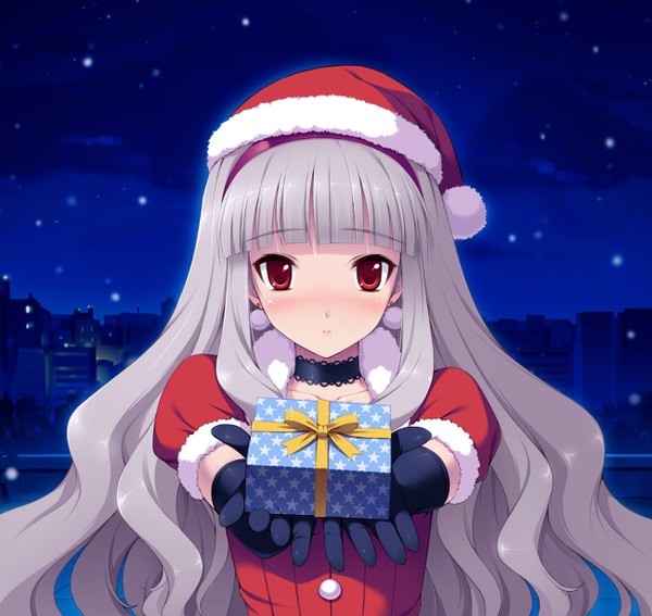 Anime picture 1300x1230 with idolmaster shijou takane cygnus (artist) single long hair looking at viewer blush red eyes silver hair fur trim snowing winter girl gloves elbow gloves hairband fur gift santa claus hat