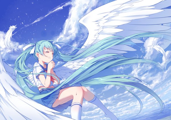 イラスト 2837x2000 と ボーカロイド 初音ミク 鈅鈅 ソロ highres ツインテール 空 cloud (clouds) eyes closed very long hair 風 aqua hair flying hands clasped white wings interlocked fingers 女の子 スカート 制服 リボン