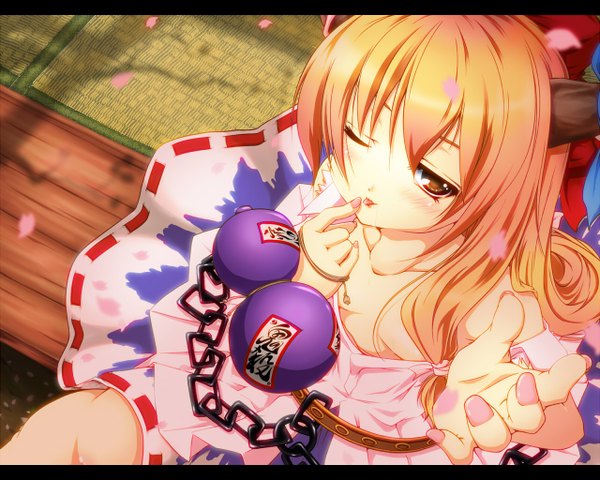Anime picture 1280x1024 with touhou ibuki suika haruyonoto single long hair brown eyes one eye closed horn (horns) wink orange hair outstretched arm girl petals chain